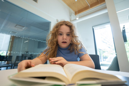 Funny child reading book. Schoolkid studying and reading. Smart kid read book. Little student learning from book. Child reading book in library. Education and Learning. Knowledge through reading.の写真素材