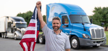 Truck drivers is a dream job in America. Truck drivers enjoy freedom and adventure on American highways. A trucking career in the USA. Truck driver living the dream of cross country travel.の写真素材