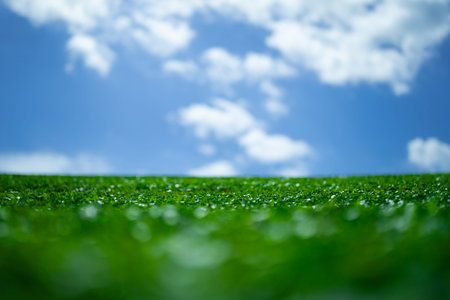 Empty grass field. Garden landscape. Wild grass meadow. Rural grass texture. Vibrant green environment. Green grassy land. Summer countryside. Green backdrop. Grass pattern. Blooming meadow.の写真素材