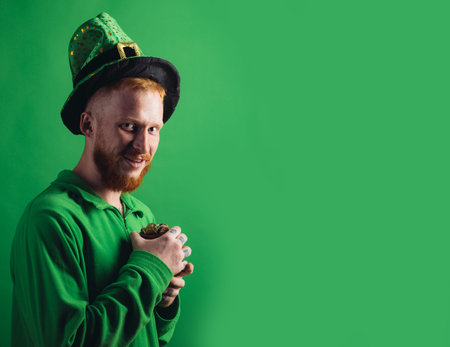 Man dressed as leprechaun holding pot of gold. Joyful St. Patrick s Day celebration. Funny Patrick s...