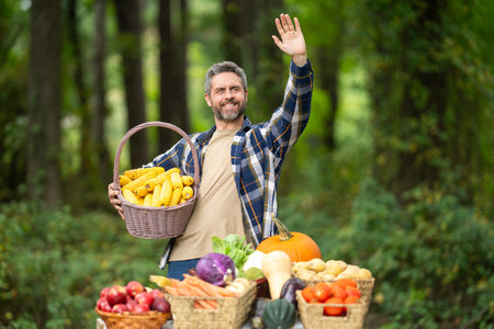 Farmer harvesting fresh vegetables in a rural plantation. Agronomist with nutritious produce on organic farm. Gardener inspecting healthy plants and fruits outdoors. Worker picking fresh vegetables.の写真素材