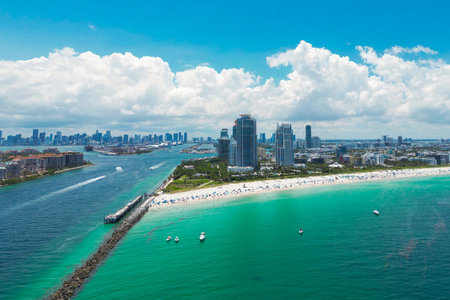 Miami cityscape with luxury skyscrapers and ocean. Panoramic drone view of Miamis famous skyline. Miami Beach from above. Miami skyline from top. Aerial cityscape of Miami, Florida.の写真素材