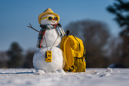 Winter Journey. Snowman with suitcase ready for winter vacation. Snowman traveler holding travel bag. Funny snowman on winter holiday adventure. Winter journey with a festive snow man.の写真素材