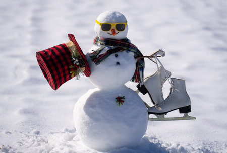Snowman in frosty outdoor nature. Snow man with scarf in snowy field. Snowman in winter background...
