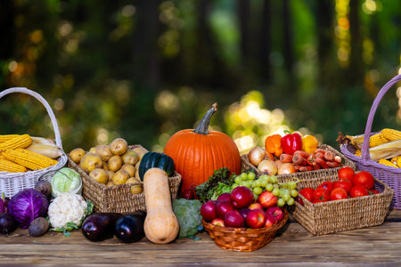 Fresh raw vegetables and fruits. Fresh vegetable selection in green farm. Harvested fruits and...