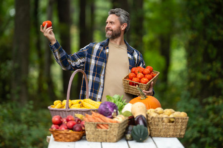 Farmer harvesting fresh vegetables in rural garden. Man checking pumpkins, carrots, corn, broccoli, peppers, tomatoes and potatoes outdoors. Agronomist collecting nutritious produce on organic farm.の写真素材