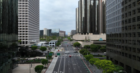Los Angeles city, California, USA. American dream cityscape. Iconic drone view. California city skyline inspiration. Metropolis. LA city streets and skyscrapers. Downtown Los Angeles aerial panorama. City life.の写真素材