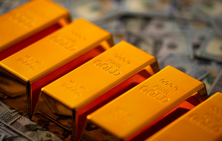 Background with gold. Finance background with golden metal and currency. Gold bars and deposit....