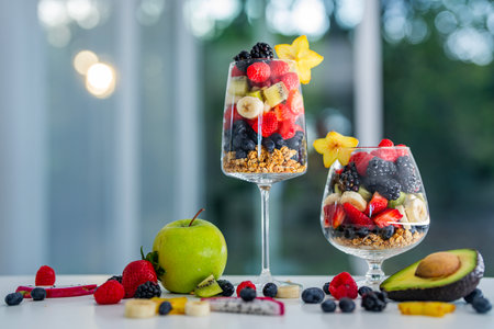 Concept of healthy lifestyle and natural nutrition with assorted fruit cocktail. Symbol of freshness, vitality, and balanced morning energy. Colorful mix of tropical fruits and berries and vitamins.の写真素材