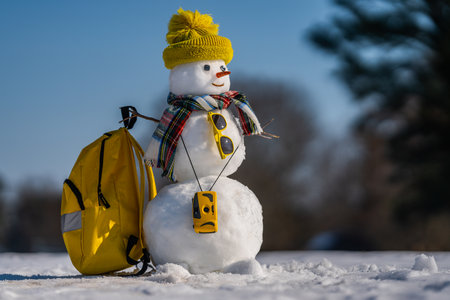 Winter celebration. Winter holiday scene. Winter delivery service. Snowman is Santa helpers.の写真素材