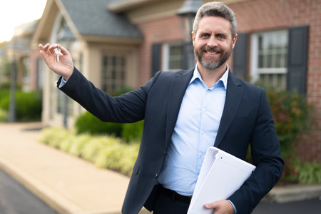 Real estate agent poses confidently in front of building ready for sale. Real estate entrepreneur closing deal. Real estate agent buying house. Realtor shows apartment. Real estate agent near building.の写真素材