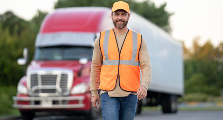 Truck driver near his semi-truck. Man in uniform and cargo lorry shipping. Professional trucker...