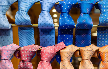 Colorful neckties in a fashion store. Elegant ties arranged in a boutique. Fashion tie. Fashion background with ties. Stylish collection of neckties shop. Classic mens tie accessories.の写真素材