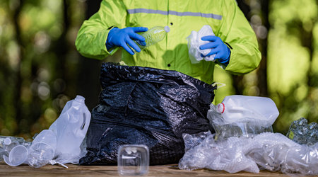 Volunteer cleaning up trash in nature. Volunteers protect forests. Hands collect plastic bottles and...