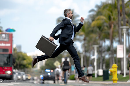 Busy rich businessman running to a meeting. Businessman run on road. Business man in a suit run to work. Business man jump and run outdoor. Businessman running to meet. Business man run in hurry.の写真素材