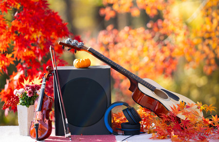 Fall music with guitar violin. Fall music background. Autumn guitar acoustic tune. The forest melody of autumn. Autumn music of fall. Guitar and violin rest among autumn leaves.の写真素材