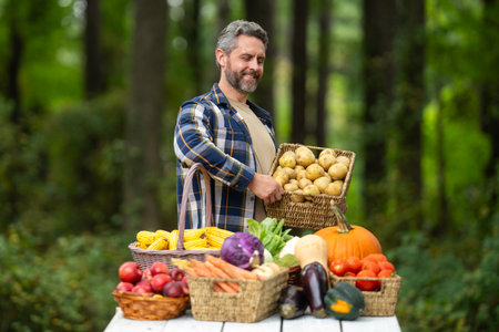 Farmer harvesting fresh vegetables in a rural plantation. Agronomist with nutritious produce on organic farm. Gardener inspecting healthy plants and fruits outdoors. Worker picking fresh vegetables.の写真素材