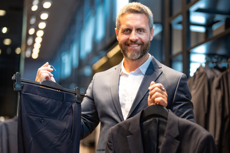 A well-tailored suit. A stylish business suit for businessman. Client chooses a suit for a business look. A portrait of a man in a classic suit. Model poses for a magazine shoot.の写真素材