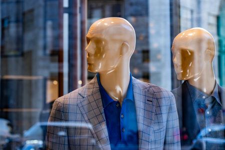 Two male mannequins in suits displayed behind shop window. Urban reflection and fashion concept in boutique display. Stylish men s clothing presented in modern city environment.の写真素材