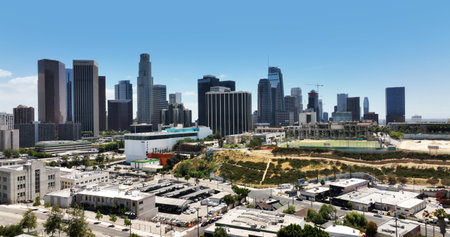 Aerial panorama of Los Angeles city skyline with skyscrapers. Drone shot of downtown Los Angeles. Wide drone panorama of Los Angeles. Aerial cityscape view of LA. Panoramic skyline of Los Angeles.の写真素材
