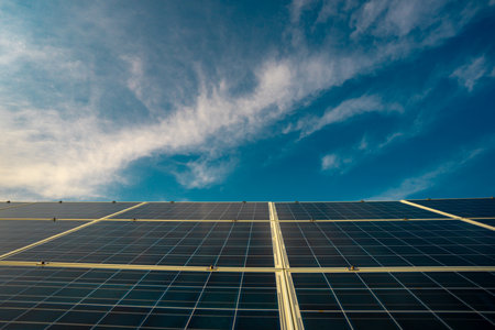 Panel panels on blue sky background. Solar energy.の写真素材