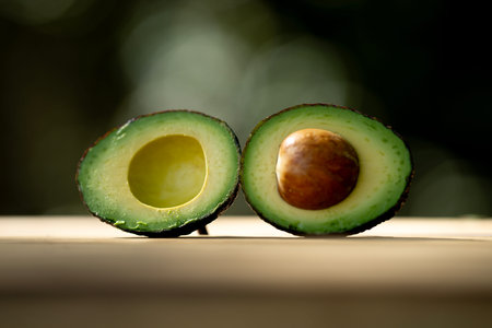 Fresh avocado half on green. Fresh ripe avocado. Avocado slice for healthy diet concept. Organic...