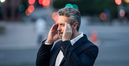 Tired business man suffering from headache outdoor. Man in suit relieving pain, migraine. Business problems. Bankruptcy, financial problem and crisis concept. Millennial man having headache. Migraineの写真素材