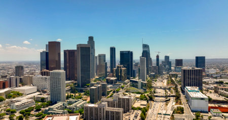Aerial panorama of Los Angeles city skyline with skyscrapers. Drone shot of downtown Los Angeles. Wide drone panorama of Los Angeles.の写真素材