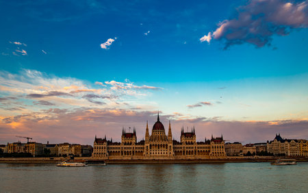 Hungarian Parliament Building on Danube River in Budapest. Iconic Hungarian landmark. Budapest cityscape with Parliament.の写真素材