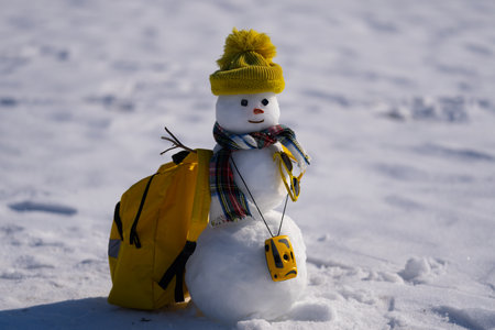Snow man wearing festive hat outdoors. Happy snow man in cold winter landscape. Snow man with scarf waving. Funny snowman for winter card design.の写真素材
