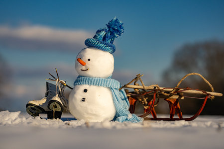 Cute snowman. Winter snowman holiday scene. Snowman on snowy field. Snowman in winter sunshine.の写真素材