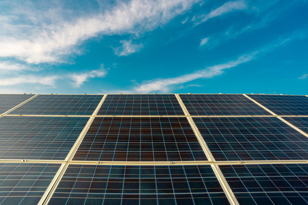 Panel installation on rooftops. Solar solutions for green living. Power from solar is renewable. Solar panel and sun energy. Solar fields generate clean energy.の写真素材