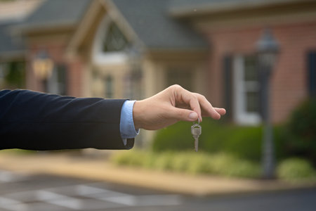A realtor hands the keys after finalizing a property purchase. Homeowner holds keys to newly purchased apartment. A real estate agent shows house keys. Client receives keys for a property.の写真素材