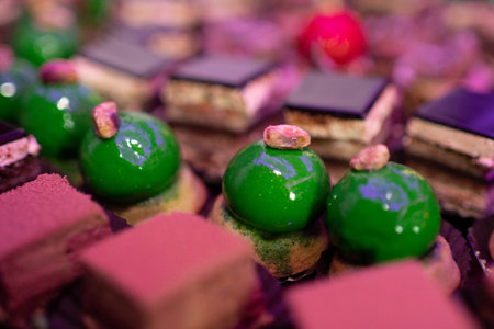 Colorful macarons and desserts on elegant buffet table. Luxury sweets and desserts served at festive event. Delicious macarons. Dessert table with pastries. Sweet dessert. French pastries.の写真素材