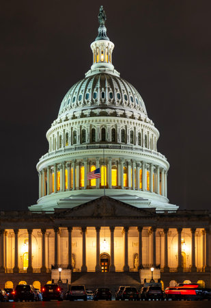 US Capitol building, home of the US Congress, in Washington, DC on Capitol Hill. Washington DC Capitol dome on night. American Capitol.の写真素材