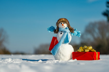 Snowman promoting Christmas shopping with holiday packages. Snowman with Christmas gifts in a winter holiday sale scene. Snowman carrying gift bags. Snowman with festive greeting.の写真素材