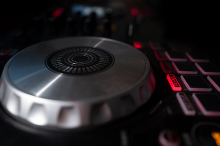 Music producer DJ rhythm and sound. Sound mix. DJ controller. Electronic music. Club mixing music.の写真素材
