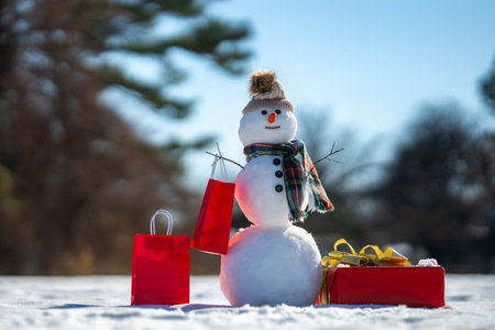 Christmas gift ideas for winter celebration. Snowman presenting a holiday surprise. Snowman promoting Christmas gift. Winter shopping and gifting concept.の写真素材