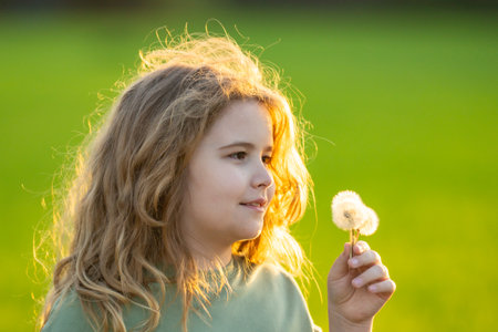 Cute blonde child face. Kid blows a dandelion. Summer kids portrait close-up. Kid with dandelions outdoors. Kid free and carefree. Dandelion seeds near child face. Kids freedom. Kids dreaming face.の写真素材