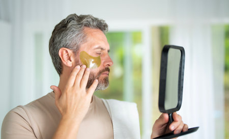 Dermatology approved skincare products for man. Millennial man doing a beauty facial routine with natural cosmetics. Middle-aged man with healthy, rejuvenated skin. Male cosmetic anti-aging products.の写真素材
