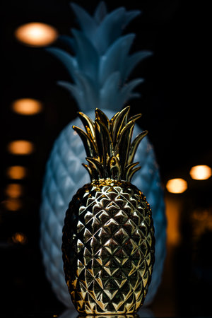 Golden pineapple on black background with luxury metallic texture. Decorative pineapple symbol of wealth and tropical luxury. Metallic pineapple decor. Golden pineapple texture.の写真素材