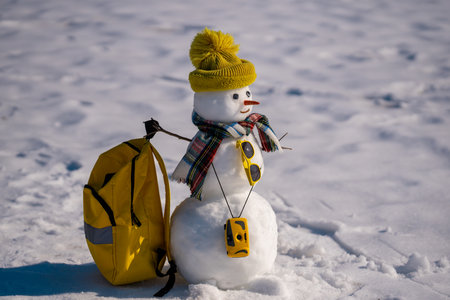 Snowman on festive greeting card for Christmas. Cute snowman on winter holiday card. Greeting card with snowman in snow. Merry Christmas card. Snowman design on New Year celebration poster.の写真素材