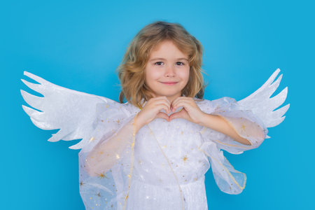 Little cute child at angel costume on isolated background. Kid with angel wings. Isolated studio shot. Funny angel.の写真素材