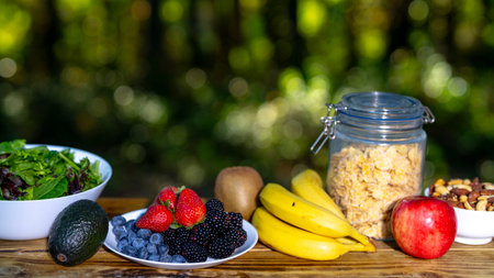 Healthy breakfast served on wooden table. Fresh muesli with yogurt, fruit, and berries for healthy...