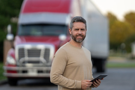 Truck driver standing near large semi-truck trailer. Man operating a truck lorry for cargo shipping and delivery business. Truck worker before a long-distance trip.の写真素材