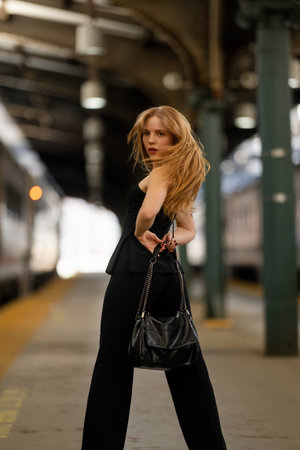Woman waits at city platform. Chic woman poses confidently. Train station shot. Stylish outfit and handbag. Urban travel portrait vibe.の写真素材