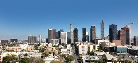 Travel photo of downtown LA city skyline. American city. Los Angeles financial district with skyscrapers. Aerial panorama of the LA city skyline and streets of California. City view of Los Angeles.の写真素材