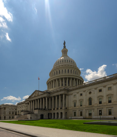 Washington DC Capitol dome. Congress and Senate building. USA flag over Capitol dome. Election day in Washington. Ceremony at American Capitol. President in front of Congress.の写真素材