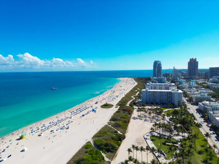Miami Beach under the summer sky with clouds. South coastal in Miami Beach. Skyscrapers in Miami Beach, aerial panorama. Travel dreams in Florida. Miami Beach cityscape.の写真素材