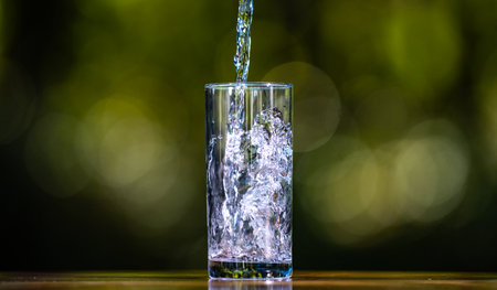 Fresh water pouring into a clear glass outdoors. Close-up of water bubbles in a glass on wooden table. Water in glass on green garden background. Refreshing water pour in natural sunlight.の写真素材